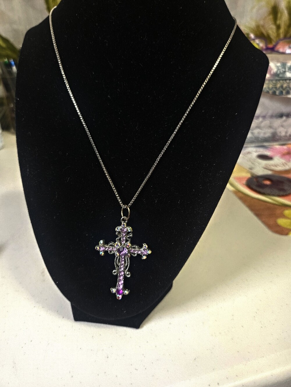 Gothic Cross Pendant Necklace Purple Stones Good Length Comes With Badge Holder